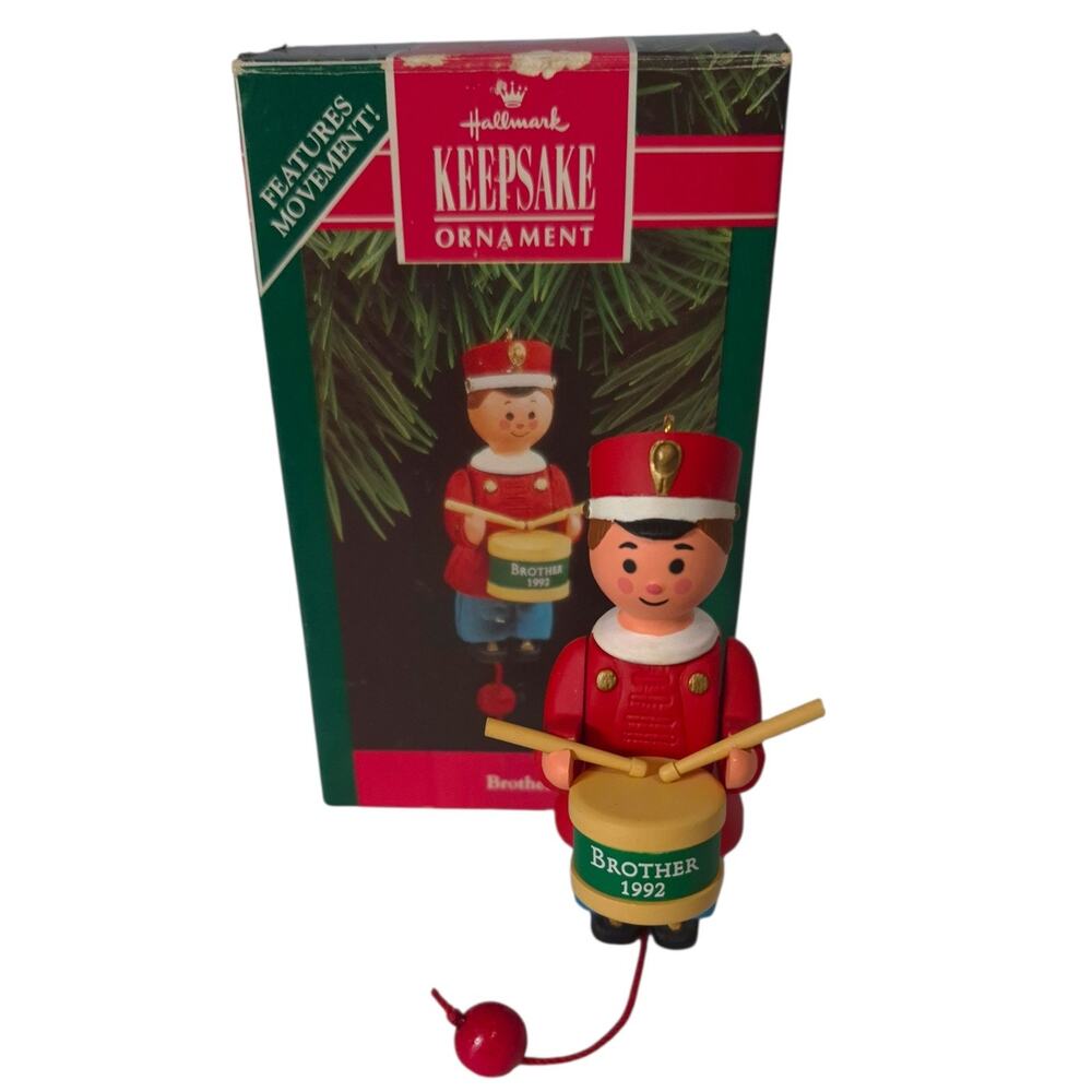 1992 Christmas HALLMARK Ornament BROTHER Pull and Arms Move Drummer Boy
